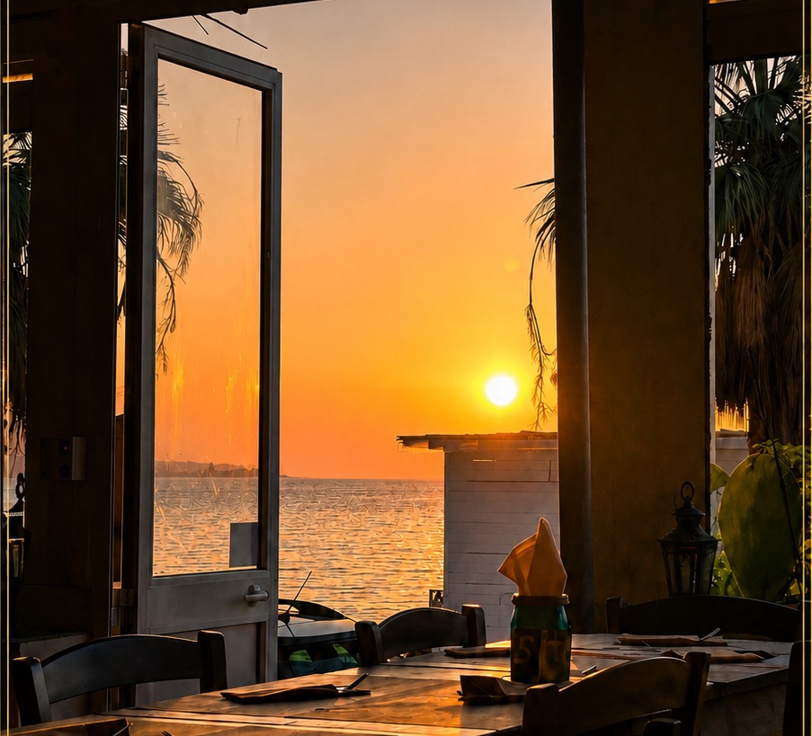 Hotel restaurant at sunset